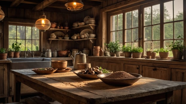 Rustic kitchen interior with wooden table displaying bowls of ingredients, sunlight streaming through windows photo