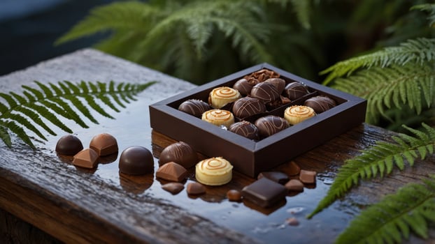 A beautifully arranged box of assorted chocolates on a wooden surface surrounded by lush ferns photo
