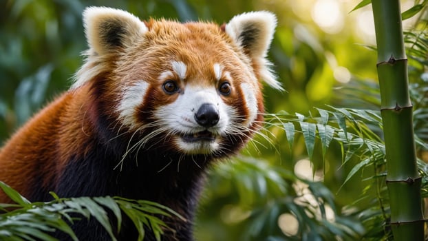 Red panda curiously peeking through lush green bamboo, surrounded by a vibrant forest backdrop photo
