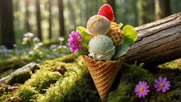 Colorful ice cream cone with three scoops, fresh strawberries, and flowers in a serene forest setting photo