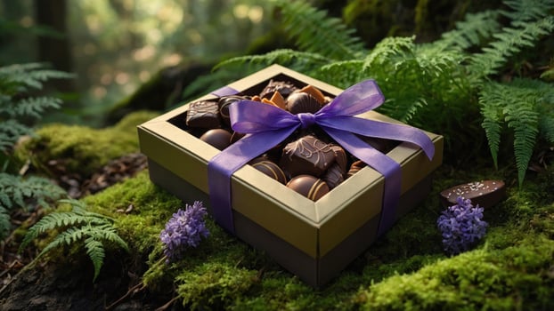 A box of chocolates with purple ribbon on top of a mossy forest photo