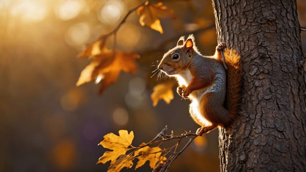 Squirrel perched on a tree branch surrounded by autumn leaves, basking in the warm sunlight photo