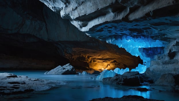 Stunning ice cave illuminated by blue light, revealing glacial formations and serene water reflections photo
