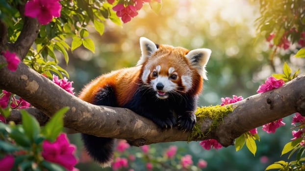Red panda resting on a tree branch surrounded by vibrant pink flowers in a lush garden setting photo