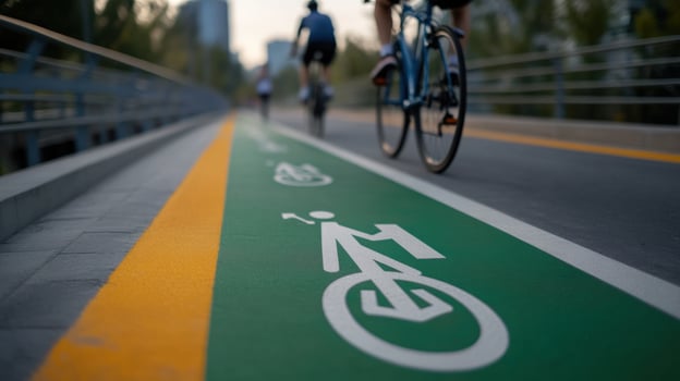 Cyclists on a dedicated bike lane, urban cycling path, green lane markings, city biking, safe cycling infrastructure, healthy lifestyle, outdoor activity, summer cycling photo