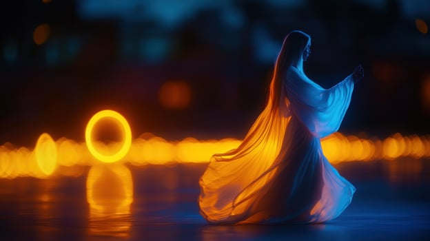 Ethereal Dance A Woman in Flowing White Gown Under Neon Lights photo