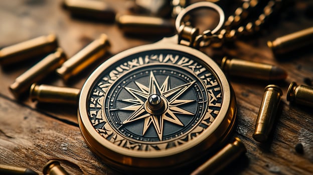 Ancient Compass Amidst Cartridges A Mysterious Still Life photo