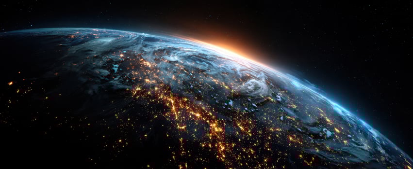 The Earth illuminated by city lights and a glowing horizon at twilight photo