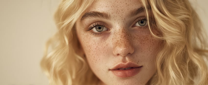 The captivating beauty of a freckled model in soft light. photo