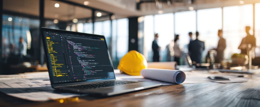 The laptop showcasing code amidst a bustling construction office environment. photo