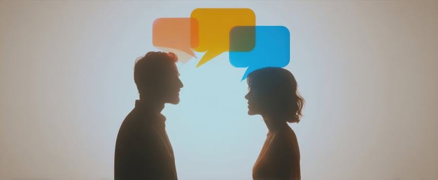 The silhouettes of a couple engaged in meaningful conversation with speech bubbles. photo