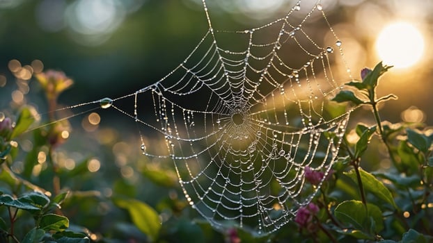 Delicate spider web adorned with dew drops glistening in the morning light amidst lush greenery photo