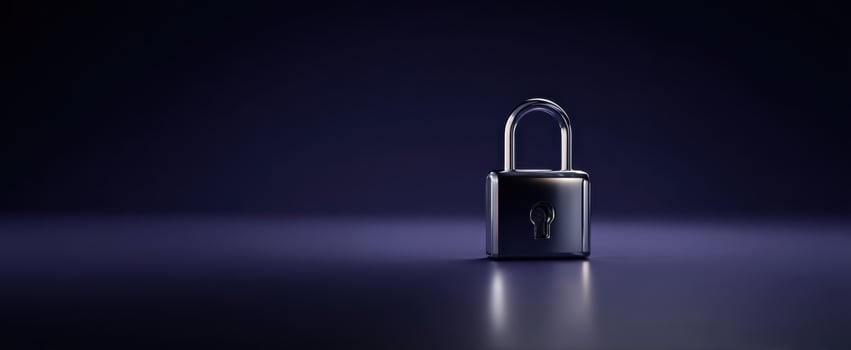 The padlock standing prominently on a dark reflective surface against a minimal backdrop. photo