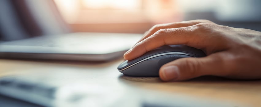 The hand resting on a modern computer mouse in a stylish workspace. photo