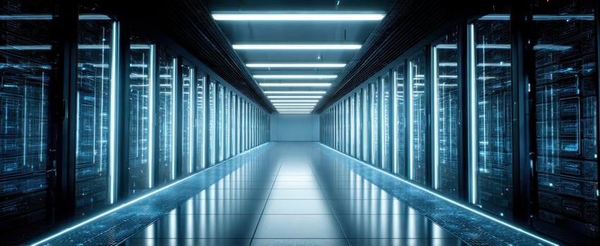 The futuristic corridor of a high-tech server room illuminated by LED lights. photo