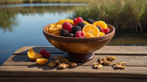 Colorful fruit bowl featuring oranges, raspberries, blackberries, and almonds by a serene lake photo