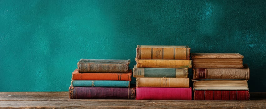 The vintage book collection arranged on a rustic wooden surface against a green background. photo