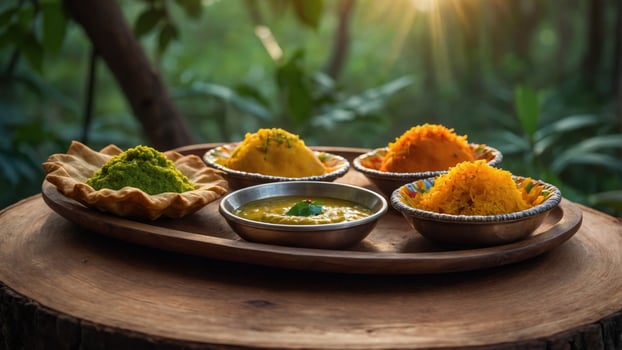 Colorful assortment of Indian sweets served on a wooden platter in a lush green garden at sunset photo