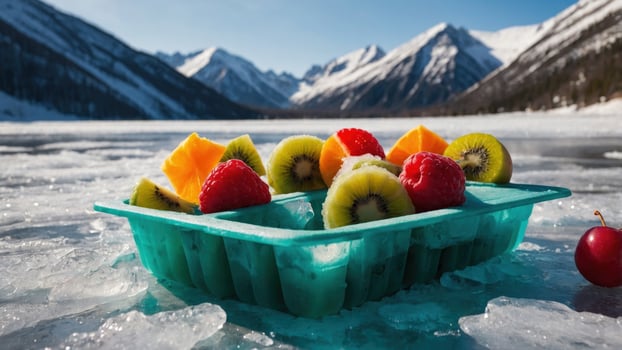 Colorful assortment of fresh fruits on a frozen lake with mountains and clear blue sky in the background photo