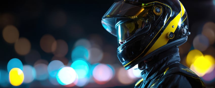 The helmeted racer poised under vibrant city lights at night. photo