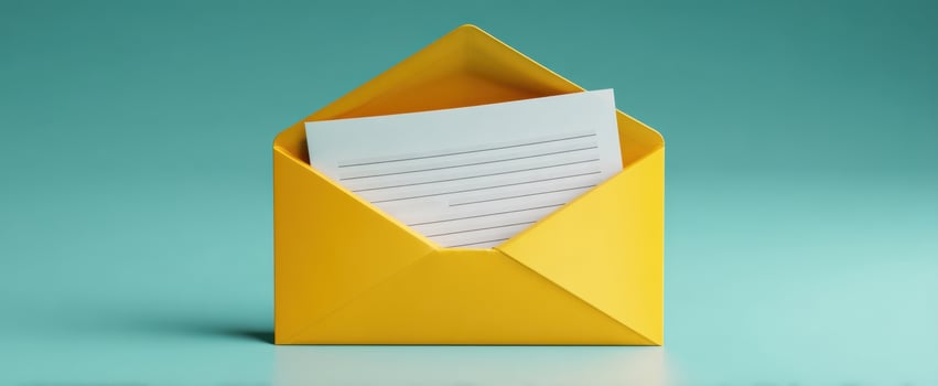 The vibrant yellow envelope containing a blank letter on a turquoise background. photo