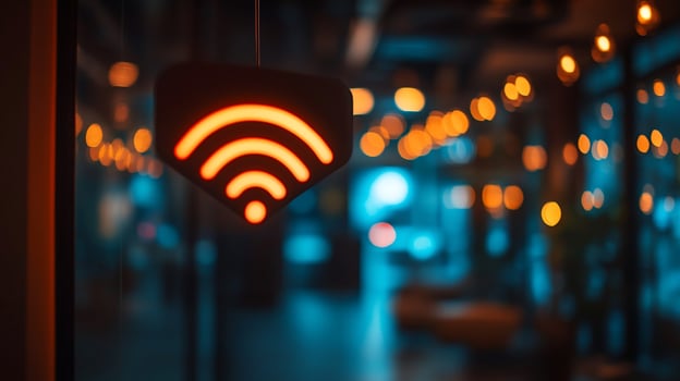 Glowing wifi symbol hangs in a dimly lit cafe. photo