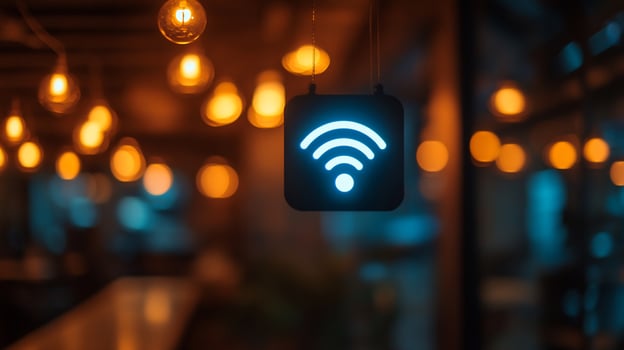 Wifi Hotspot Sign in a Cozy Cafe at Night photo