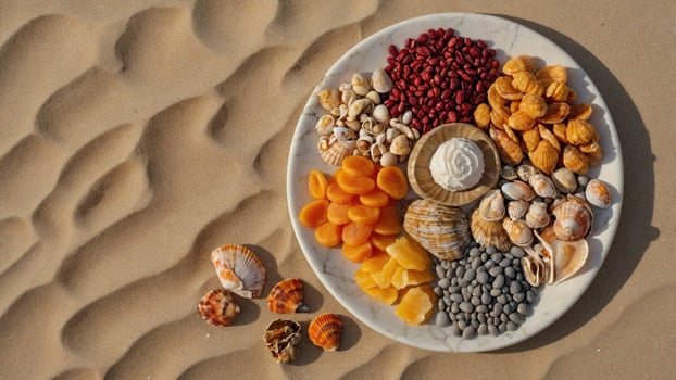 Colorful assortment of dried fruits, nuts, and shells arranged on a plate on sandy desert background photo
