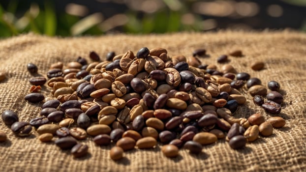 A close-up of a diverse assortment of coffee beans arranged on a burlap sack outdoors, with greenery in the background photo