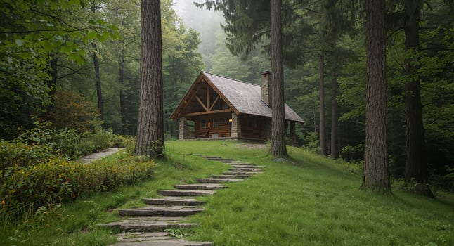 Enchanting Cabin Retreat. A Rustic Haven Nestled in a Lush Forest Landscape. photo