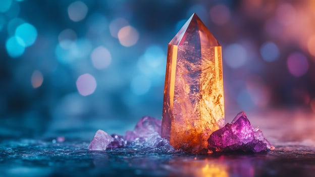Mystical Crystal Tower A Symphony of Amber and Amethyst photo