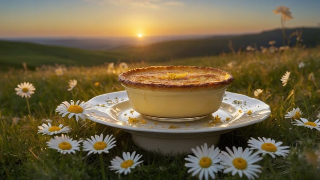 Delicious golden dessert placed on a white plate amidst blooming daisies during sunset in nature photo