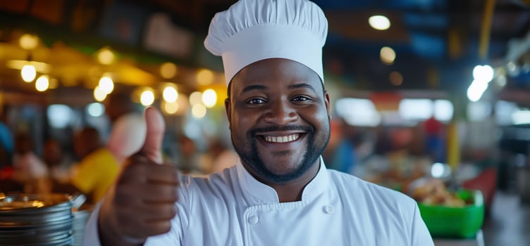 Happy Chef in a Busy Kitchen Giving Thumbs Up photo