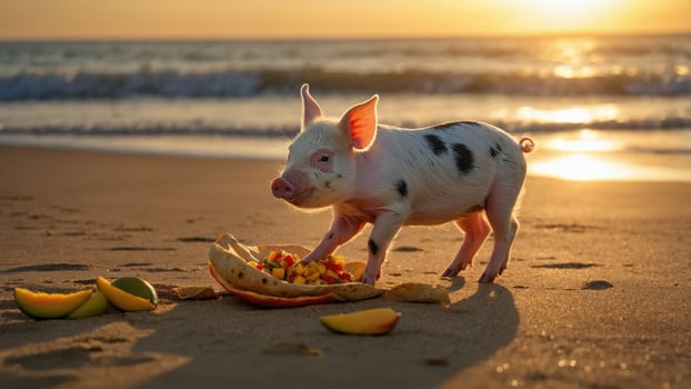 Playful piglet enjoying a colorful fruit platter on a sandy beach at sunset with ocean waves photo