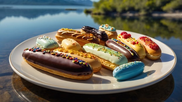 Colorful assortment of gourmet pastries displayed on a plate by a serene lake with mountains in the background photo