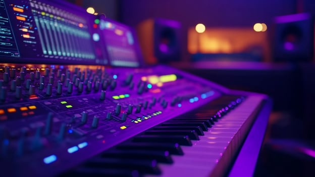 Night Studio Session Synth Keyboard and Mixer in Vibrant Purple Light photo