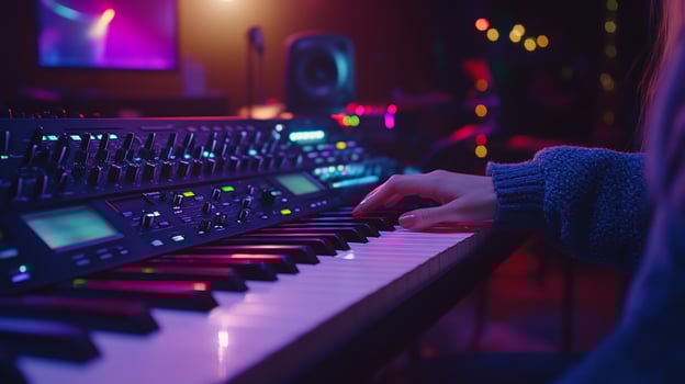 Synthwave Musician Playing Keyboard in Studio photo