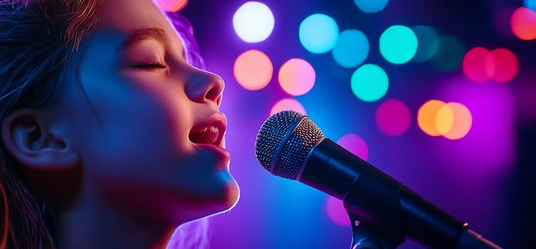 Young Girl Singing on Stage with Colorful Lights photo