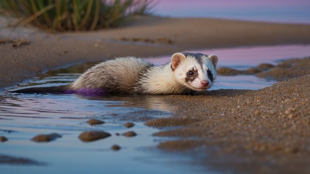 Playful ferret exploring a sandy beach at sunset, with gentle waves and soft grass in the background photo