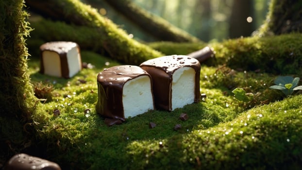 Chocolate-coated marshmallow treats resting on lush green moss in a serene forest setting photo