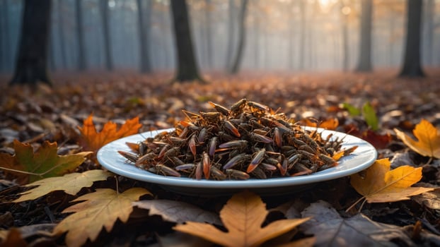 A close-up of a plate filled with edible insects amidst autumn leaves in a misty forest setting photo