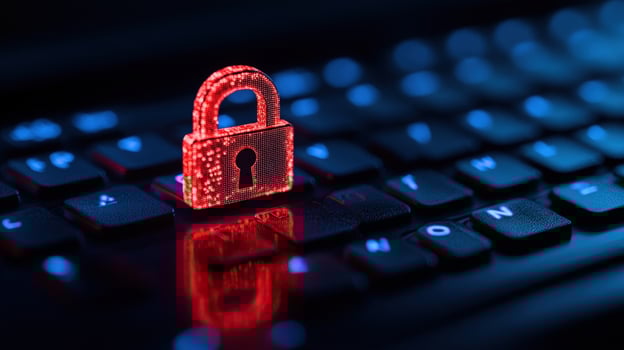 Cybersecurity Digital Lock on Keyboard, Data Protection, Red Glowing Padlock, Online Safety photo