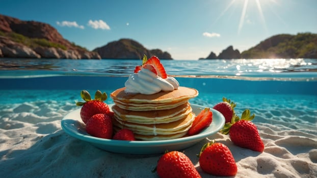 Stack of pancakes topped with cream and strawberries on a beach, with clear water and mountains in background photo