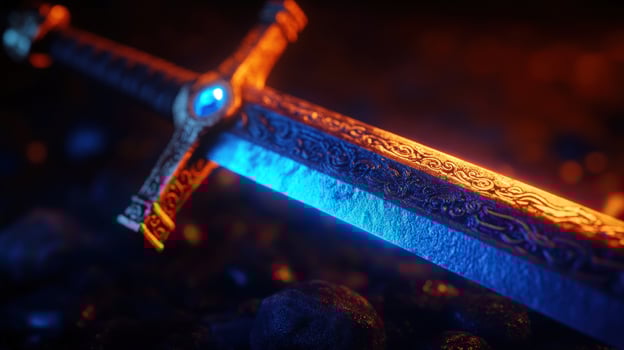 Glowing Medieval Sword, Fantasy Weapon, Ancient Blade, Dark Background, Intricate Details, Blue and Orange Light, Closeup Shot photo