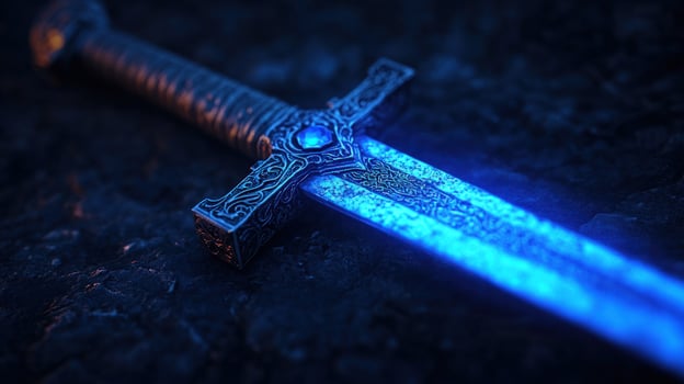 Glowing Legendary Sword of Power, Mystical Weaponry, Fantasy Epic photo