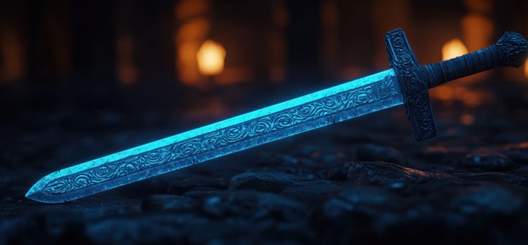 Glowing Enchanting Sword on Dark Ground photo