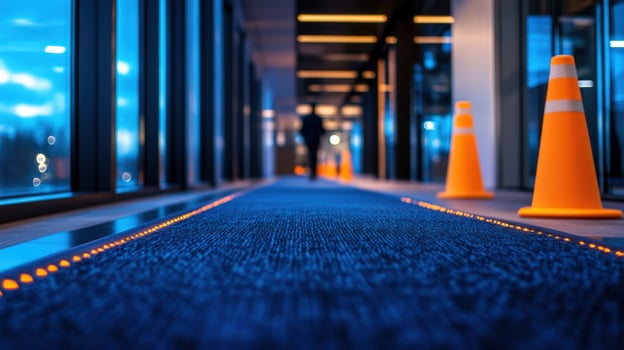 Illuminated Pathway Modern Office Corridor with Safety Cones photo