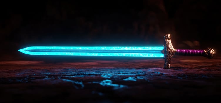 Glowing Blue Fantasy Sword on Dark Stone photo