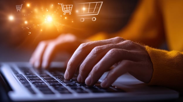 Online Shopping Experience Hands Typing on Laptop with Cart Icons photo