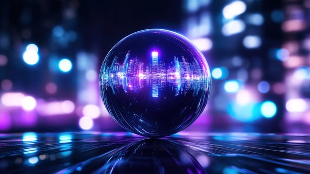 Neon Cityscape Reflected in a Crystal Sphere photo